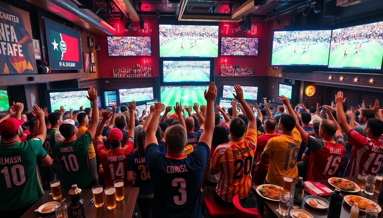 Packed sports bar with diverse fans watching a World Cup match on giant screens