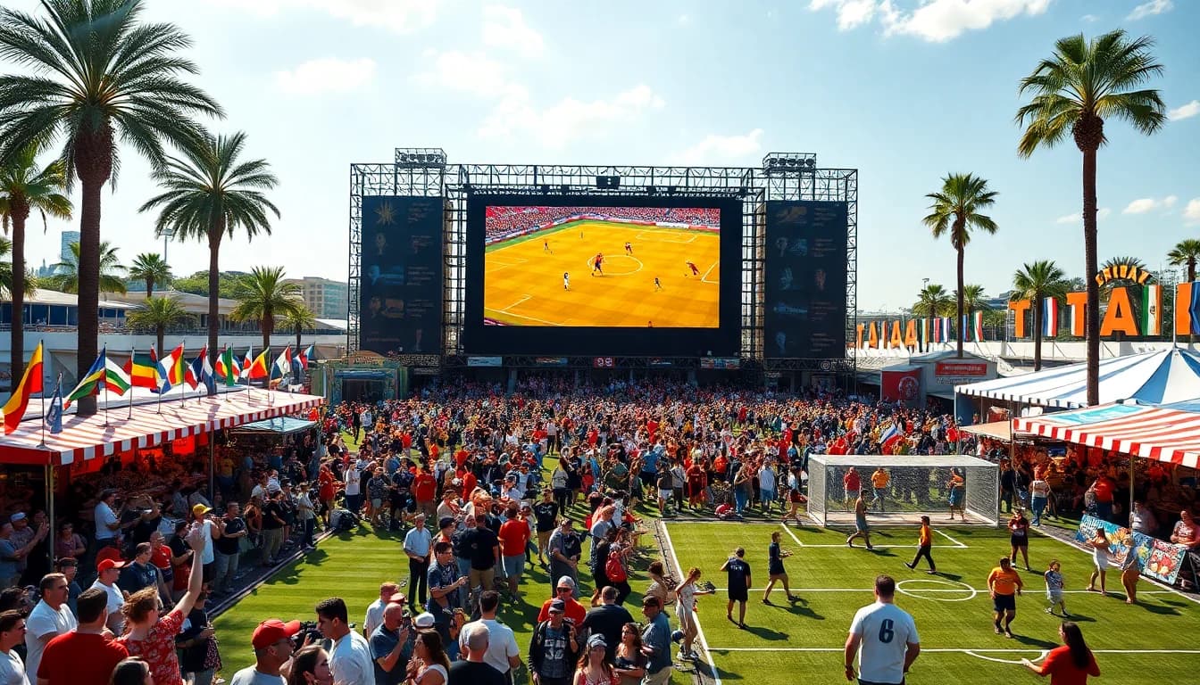 Vibrant World Cup fan festival with crowds, food stalls and a giant screen