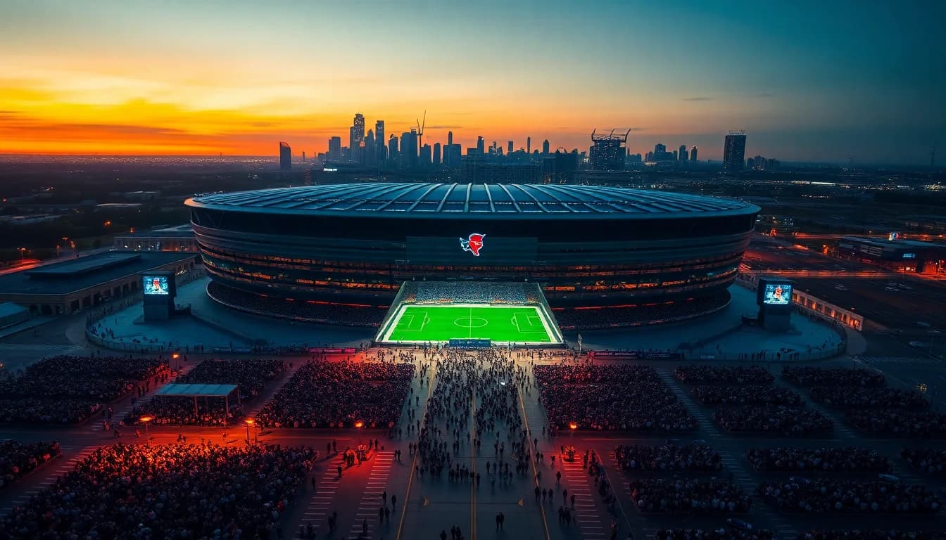 World Cup stadium at sunset with Dallas skyline in the distance