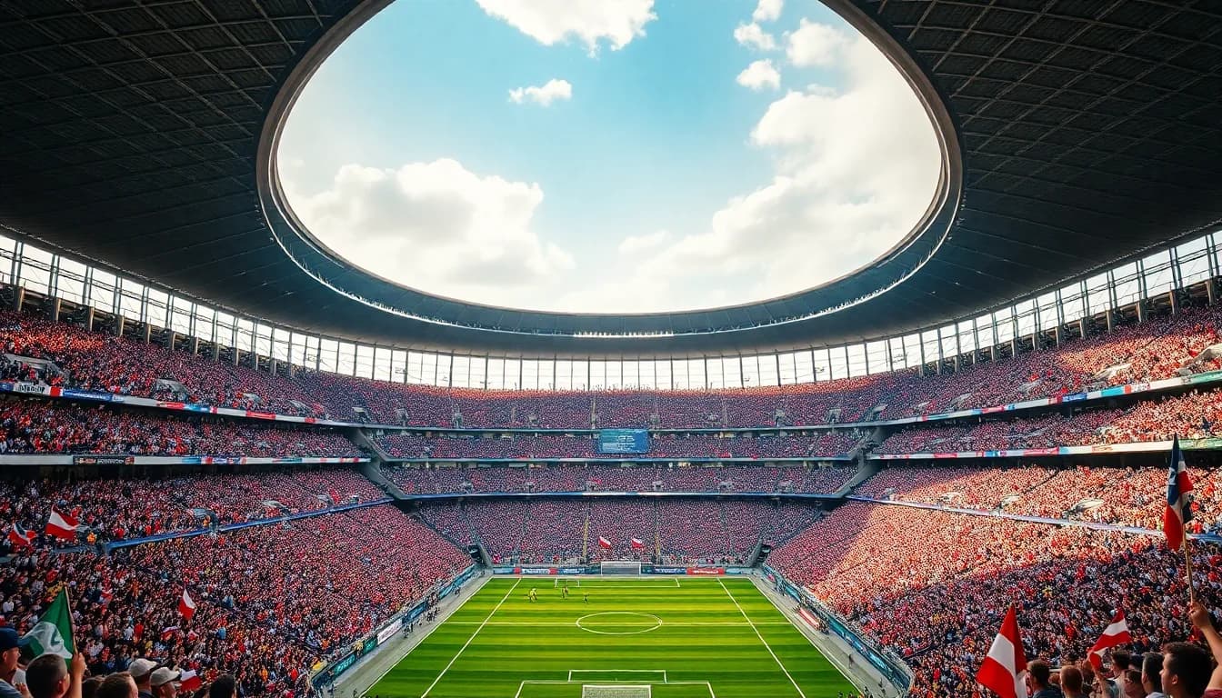 Packed stadium with World Cup fans waving country flags