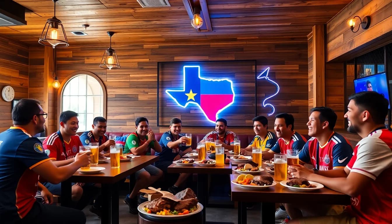Cozy Texas BBQ restaurant interior with World Cup fans sharing brisket platters